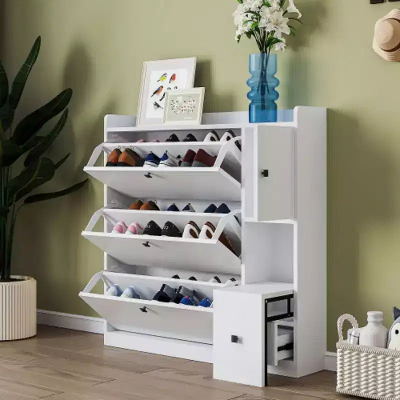 Max Storage Entryway Organizer, 3-Drawer Tipping Bucket Shoe Cabinet with Pull-down Seat, Freestanding Hallway Rack