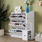 Max Storage Entryway Organizer, 3-Drawer Tipping Bucket Shoe Cabinet with Pull-down Seat, Freestanding Hallway Rack