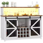 Meuble de bar café de ferme avec lumières LED et portes coulissantes de grange, armoire de bar à vin de 55" avec porte-bouteilles et porte-verres