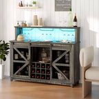 Meuble de bar café de ferme avec lumières LED et portes coulissantes de grange, armoire de bar à vin de 55" avec porte-bouteilles et porte-verres