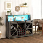Meuble de bar café de ferme avec lumières LED et portes coulissantes de grange, armoire de bar à vin de 55" avec porte-bouteilles et porte-verres