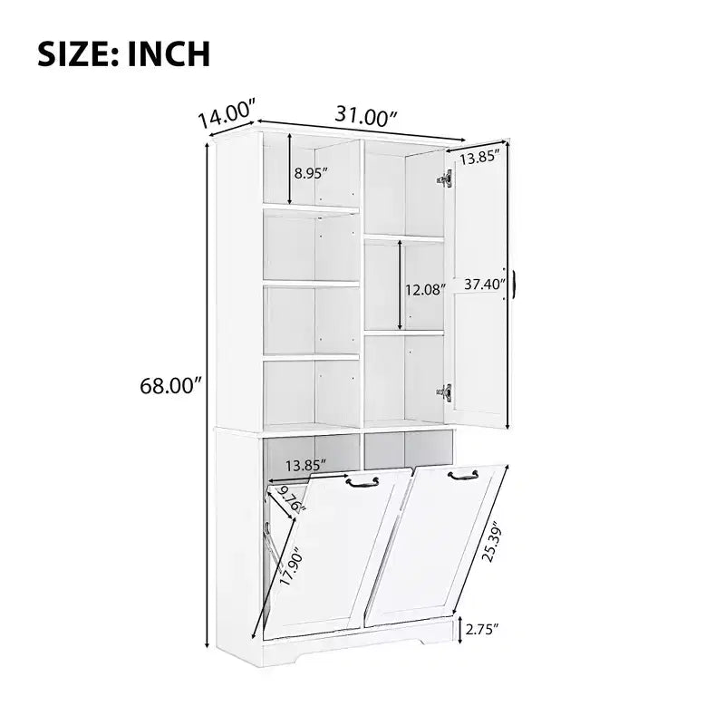 Meuble de rangement de salle de bain avec tiroirs, panier à linge inclinable et étagères ouvertes