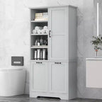 Meuble de rangement de salle de bain avec tiroirs, panier à linge inclinable et étagères ouvertes