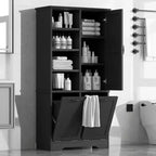 Meuble de rangement de salle de bain avec tiroirs, panier à linge inclinable et étagères ouvertes