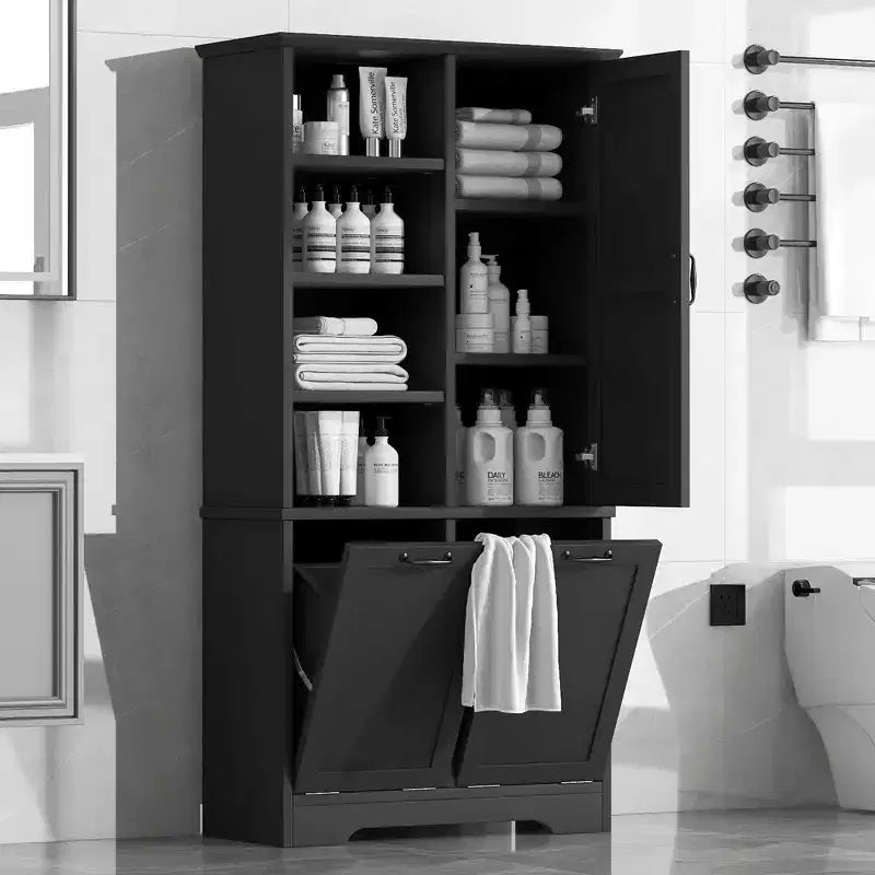 Meuble de rangement de salle de bain avec tiroirs, panier à linge inclinable et étagères ouvertes