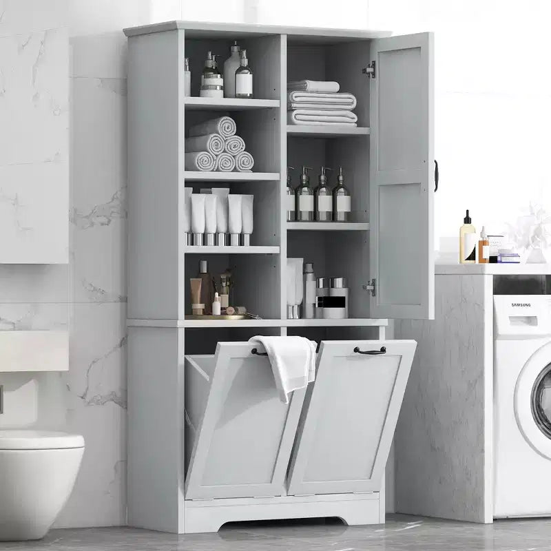 Meuble de rangement de salle de bain avec tiroirs, panier à linge inclinable et étagères ouvertes