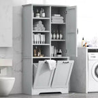 Meuble de rangement de salle de bain avec tiroirs, panier à linge inclinable et étagères ouvertes