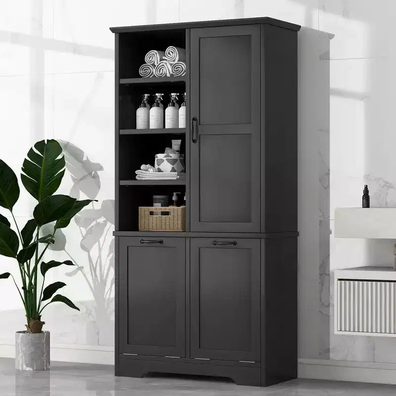Meuble de rangement de salle de bain avec tiroirs, panier à linge inclinable et étagères ouvertes