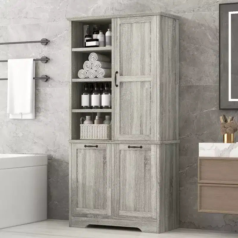 Meuble de rangement de salle de bain avec tiroirs, panier à linge inclinable et étagères ouvertes