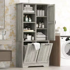 Meuble de rangement de salle de bain avec tiroirs, panier à linge inclinable et étagères ouvertes