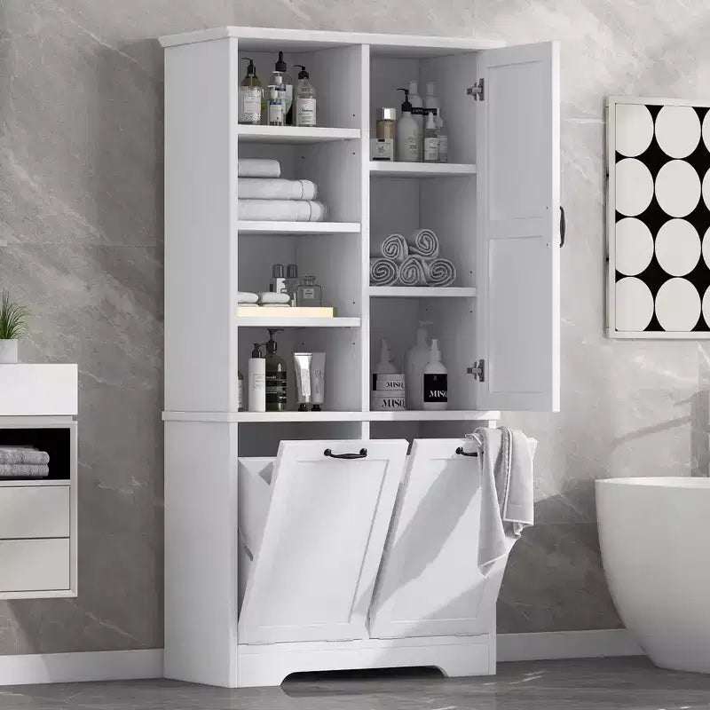 Meuble de rangement de salle de bain avec tiroirs, panier à linge inclinable et étagères ouvertes