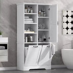 Meuble de rangement de salle de bain avec tiroirs, panier à linge inclinable et étagères ouvertes