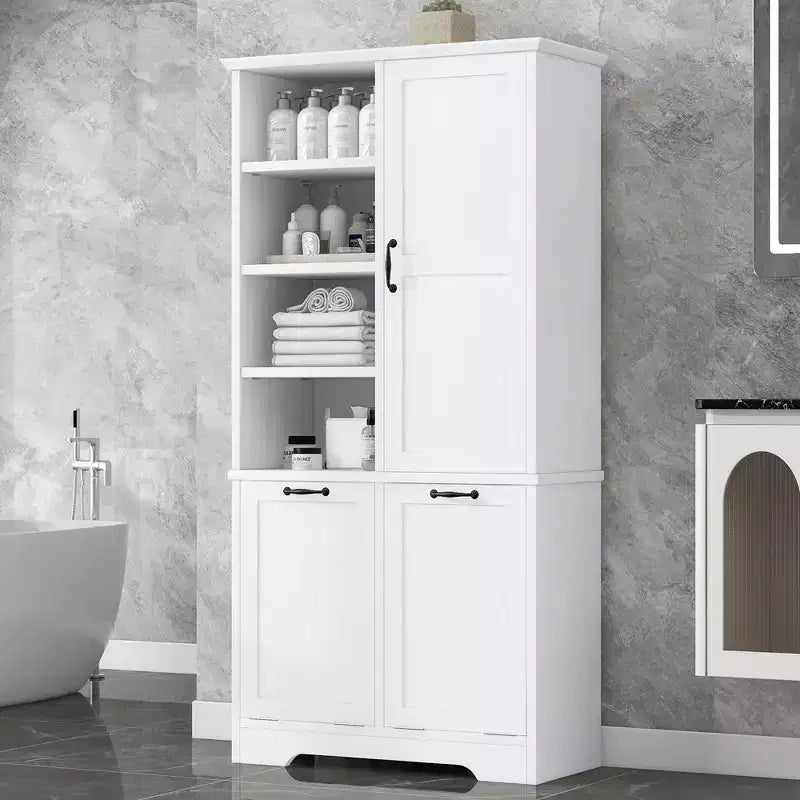 Meuble de rangement de salle de bain avec tiroirs, panier à linge inclinable et étagères ouvertes