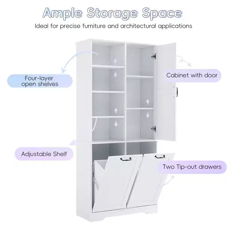 Meuble de rangement de salle de bain avec tiroirs, panier à linge inclinable et étagères ouvertes