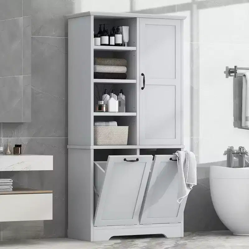 Meuble de rangement de salle de bain avec tiroirs, panier à linge inclinable et étagères ouvertes