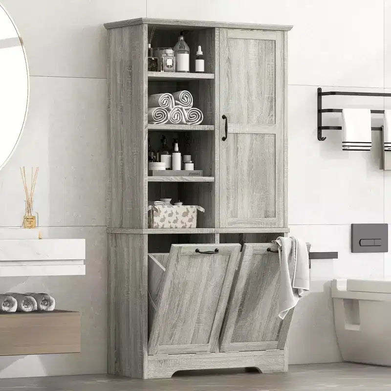 Meuble de rangement de salle de bain avec tiroirs, panier à linge inclinable et étagères ouvertes