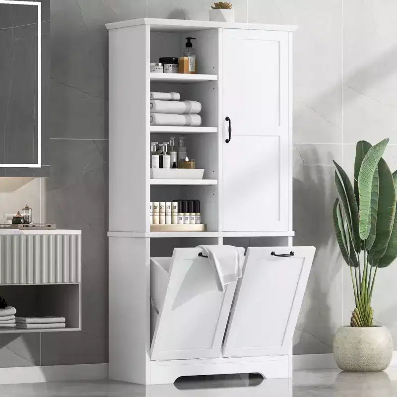 Whisen Bathroom Storage Cabinet with Drawers, Tilt-Out Laundry Hamper and Open Shelves