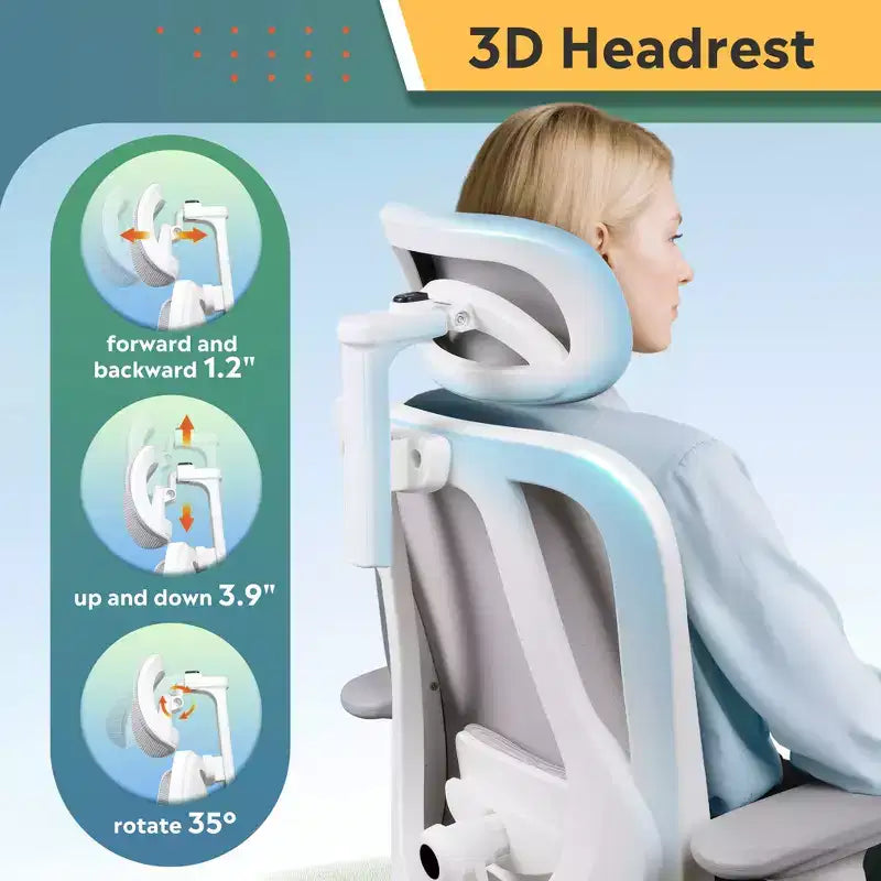 Fauteuil de bureau ergonomique en maille avec appui-tête 3D réglable et fonction d'inclinaison, fauteuil inclinable grand et haut avec support lombaire et accoudoirs 3D