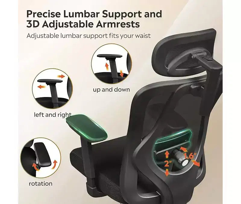 Fauteuil de bureau ergonomique en maille avec appui-tête 3D réglable et fonction d'inclinaison, fauteuil inclinable grand et haut avec support lombaire et accoudoirs 3D