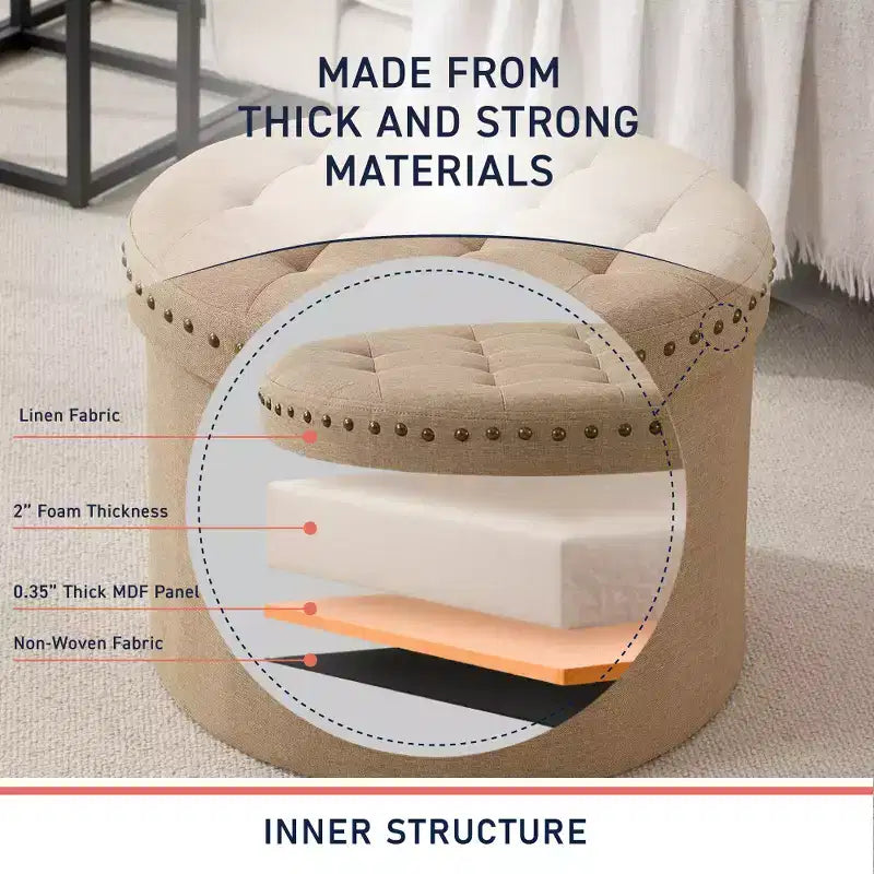 Grand pouf de rangement rond pliable de 20 pouces avec bordure cloutée pour salon et chambre à coucher