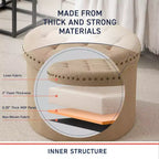 Grand pouf de rangement rond pliable de 20 pouces avec bordure cloutée pour salon et chambre à coucher