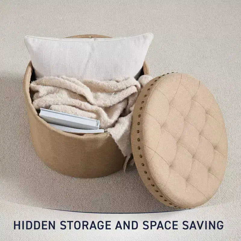 Grand pouf de rangement rond pliable de 20 pouces avec bordure cloutée pour salon et chambre à coucher