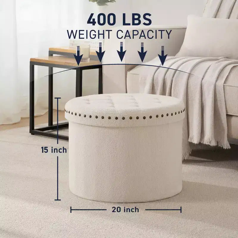 Grand pouf de rangement rond pliable de 20 pouces avec bordure cloutée pour salon et chambre à coucher
