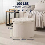 Grand pouf de rangement rond pliable de 20 pouces avec bordure cloutée pour salon et chambre à coucher