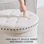 Grand pouf de rangement rond pliable de 20 pouces avec bordure cloutée pour salon et chambre à coucher