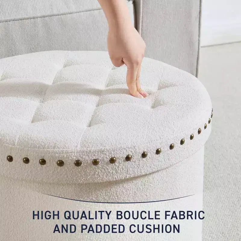 Grand pouf de rangement rond pliable de 20 pouces avec bordure cloutée pour salon et chambre à coucher
