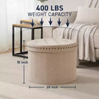 Grand pouf de rangement rond pliable de 20 pouces avec bordure cloutée pour salon et chambre à coucher