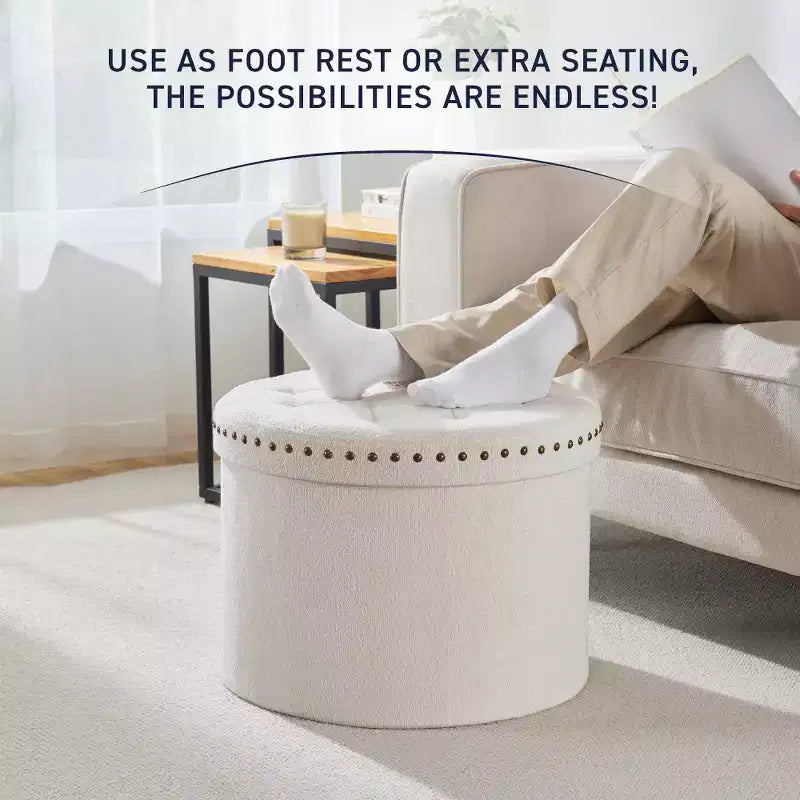 Grand pouf de rangement rond pliable de 20 pouces avec bordure cloutée pour salon et chambre à coucher