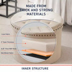 Grand pouf de rangement rond pliable de 20 pouces avec bordure cloutée pour salon et chambre à coucher