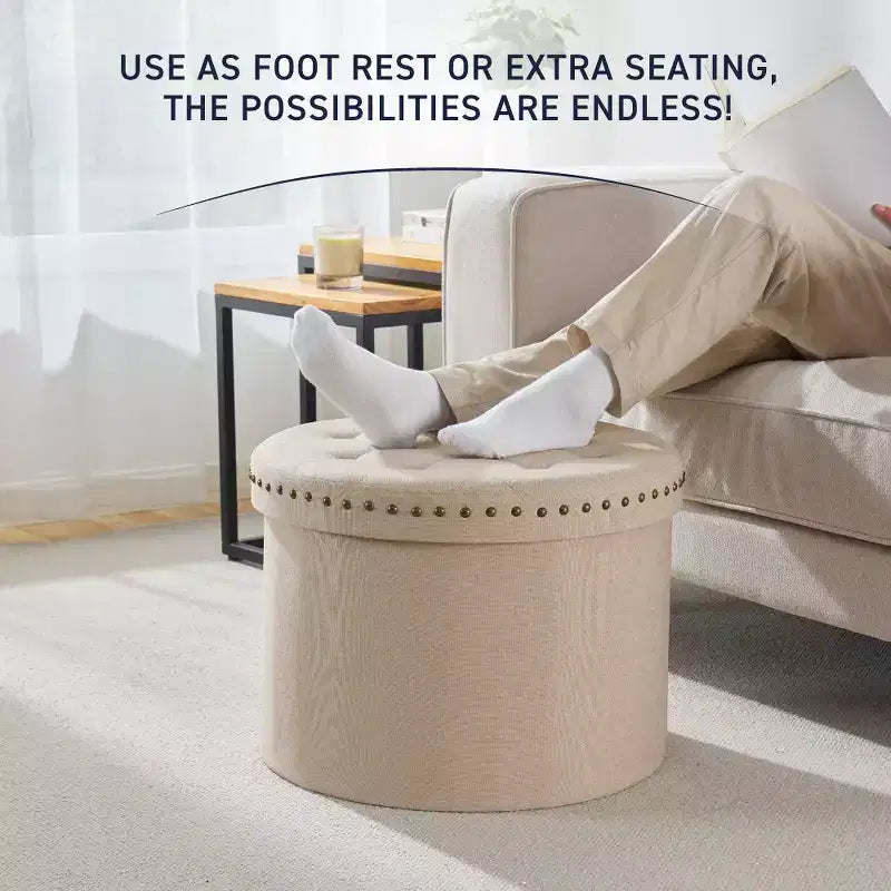 Grand pouf de rangement rond pliable de 20 pouces avec bordure cloutée pour salon et chambre à coucher