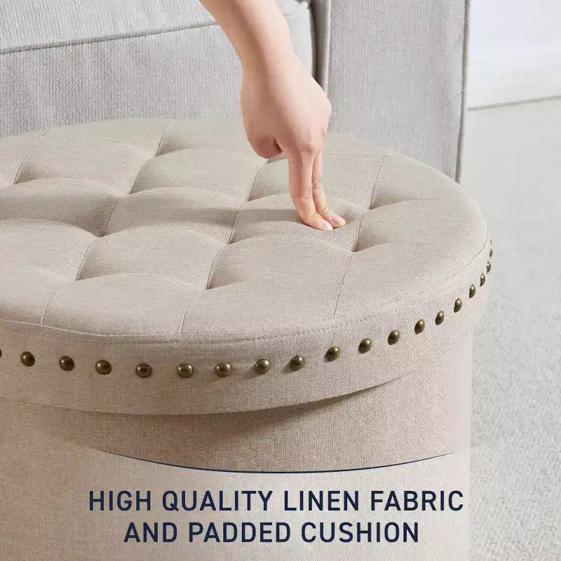 Grand pouf de rangement rond pliable de 20 pouces avec bordure cloutée pour salon et chambre à coucher