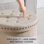Grand pouf de rangement rond pliable de 20 pouces avec bordure cloutée pour salon et chambre à coucher