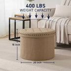 Grand pouf de rangement rond pliable de 20 pouces avec bordure cloutée pour salon et chambre à coucher