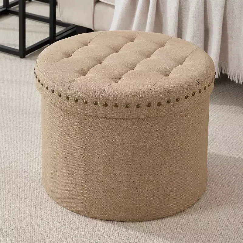 Grand pouf de rangement rond pliable de 20 pouces avec bordure cloutée pour salon et chambre à coucher
