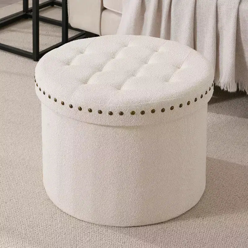 Grand pouf de rangement rond pliable de 20 pouces avec bordure cloutée pour salon et chambre à coucher