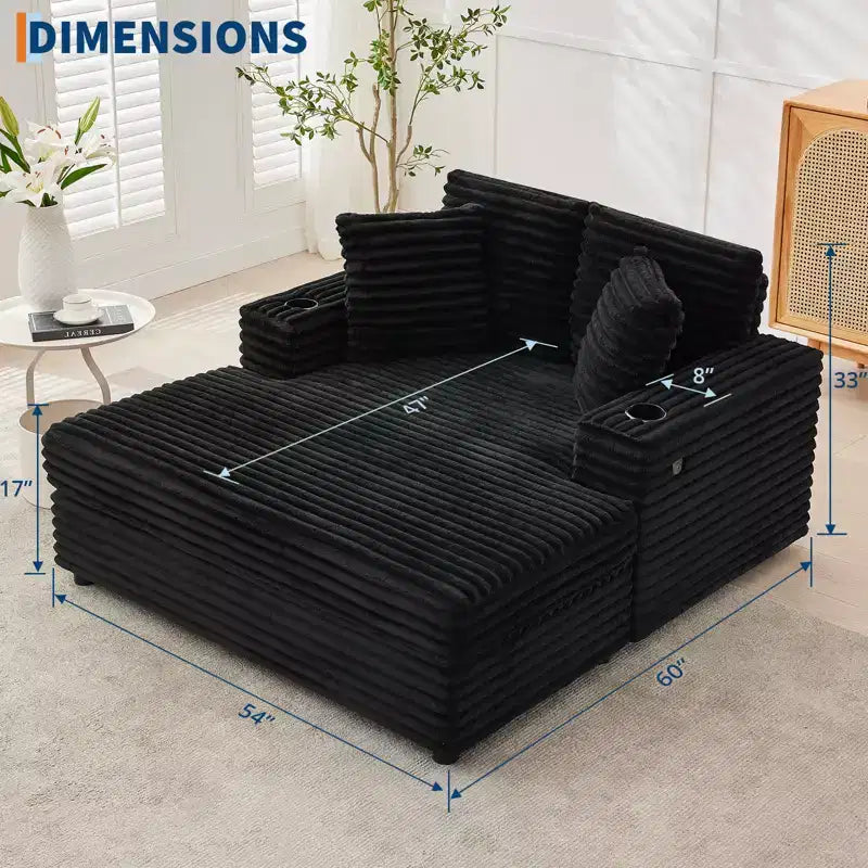 Chaise Longue Surdimensionnée 54 Pouces en Velours Côtelé, Canapé-Lit Rembourré, avec Station de Recharge, Porte-Gobelets et Coussins, Canapé en Velours Côtelé pour Salon, Chambre