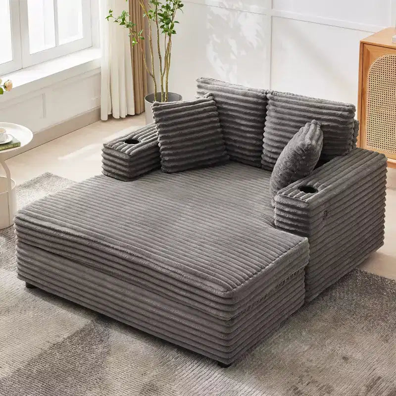 Chaise Longue Surdimensionnée 54 Pouces en Velours Côtelé, Canapé-Lit Rembourré, avec Station de Recharge, Porte-Gobelets et Coussins, Canapé en Velours Côtelé pour Salon, Chambre