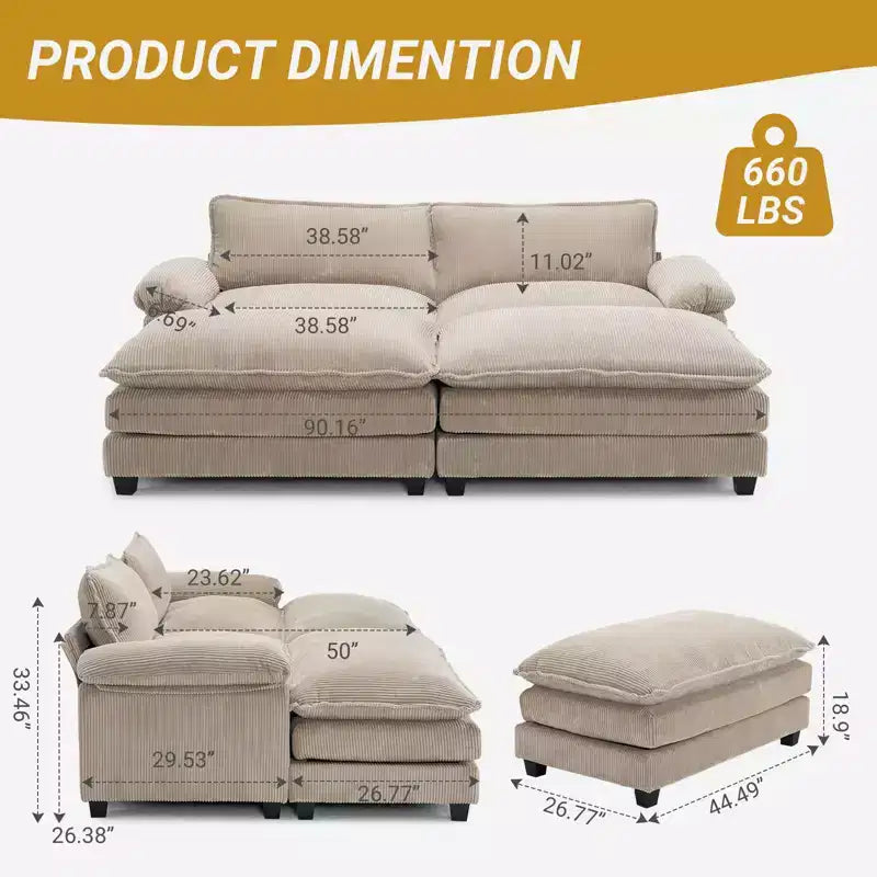 Canapé-lit modulaire Cloud en velours côtelé blanc cassé de 228 cm de large