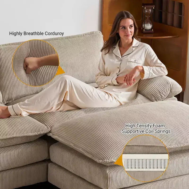Canapé-lit modulaire Cloud en velours côtelé blanc cassé de 228 cm de large