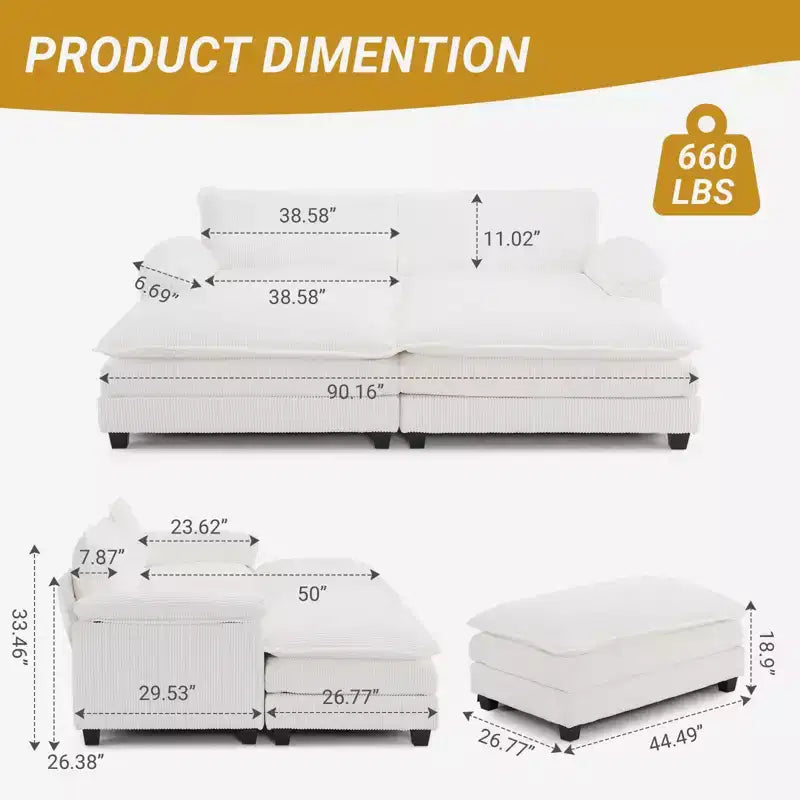 Canapé-lit modulaire Cloud en velours côtelé blanc cassé de 228 cm de large