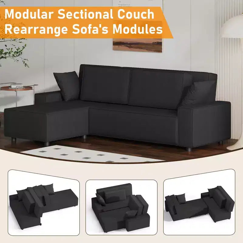 Grand canapé 244 cm en velours côtelé rayé, grand canapé d'angle moderne en forme de L avec assise profonde, canapé modulaire confortable pour salon, appartement, studio