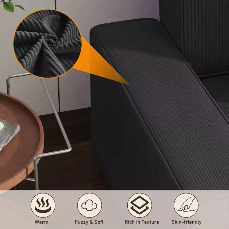 Grand canapé 244 cm en velours côtelé rayé, grand canapé d'angle moderne en forme de L avec assise profonde, canapé modulaire confortable pour salon, appartement, studio