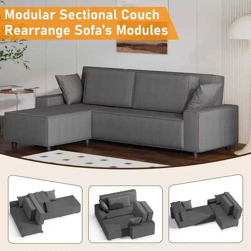 Grand canapé 244 cm en velours côtelé rayé, grand canapé d'angle moderne en forme de L avec assise profonde, canapé modulaire confortable pour salon, appartement, studio