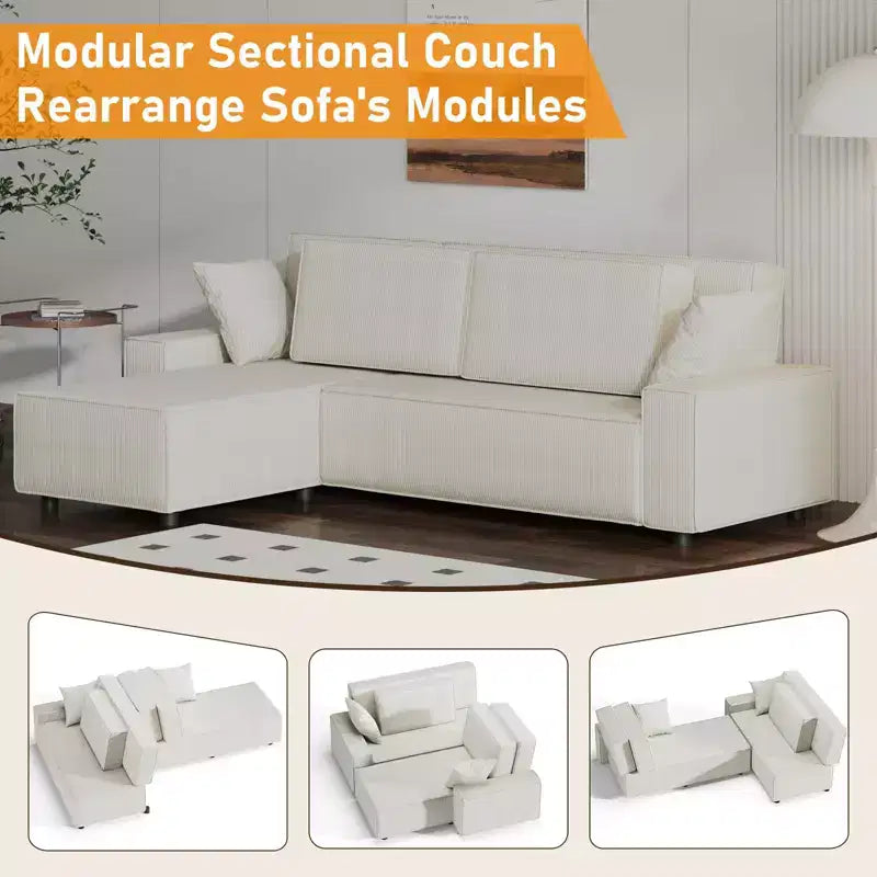 Grand canapé 244 cm en velours côtelé rayé, grand canapé d'angle moderne en forme de L avec assise profonde, canapé modulaire confortable pour salon, appartement, studio