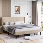 King Bed Frame,Platform Bed with Wingback Headboard,Upholstered Bed Frame with 2 Storage Pockets, Strong Wooden Slat Support, Easy Assembly
