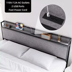 Cadre de lit King Size avec tête de lit de rangement - 2 tiroirs, station de charge, capitonné, dégagement sous le lit de 26 cm, silencieux